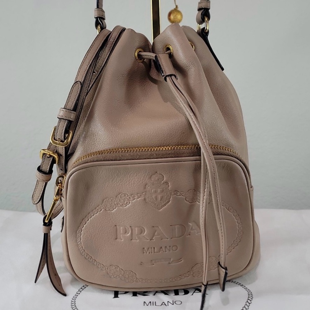 PRADA Duet beige Calfskin Embossed Bucket Bag - Picture 3 of 7
